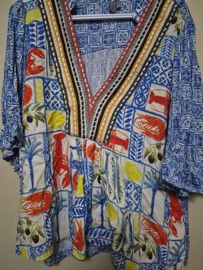 Blink London 1x Vibrant Seafood Print V-Neck Tunic - Blue & Red